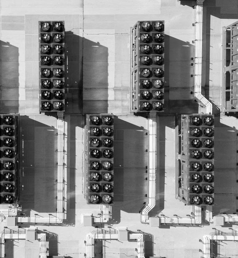 Overhead view of industrial cooling infrastructure